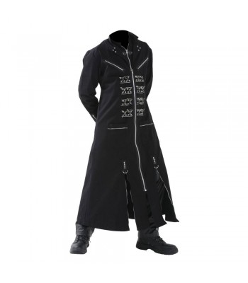 Men Black Long Gothic Coat Studs Buckle Punk Chrome Emo Coat